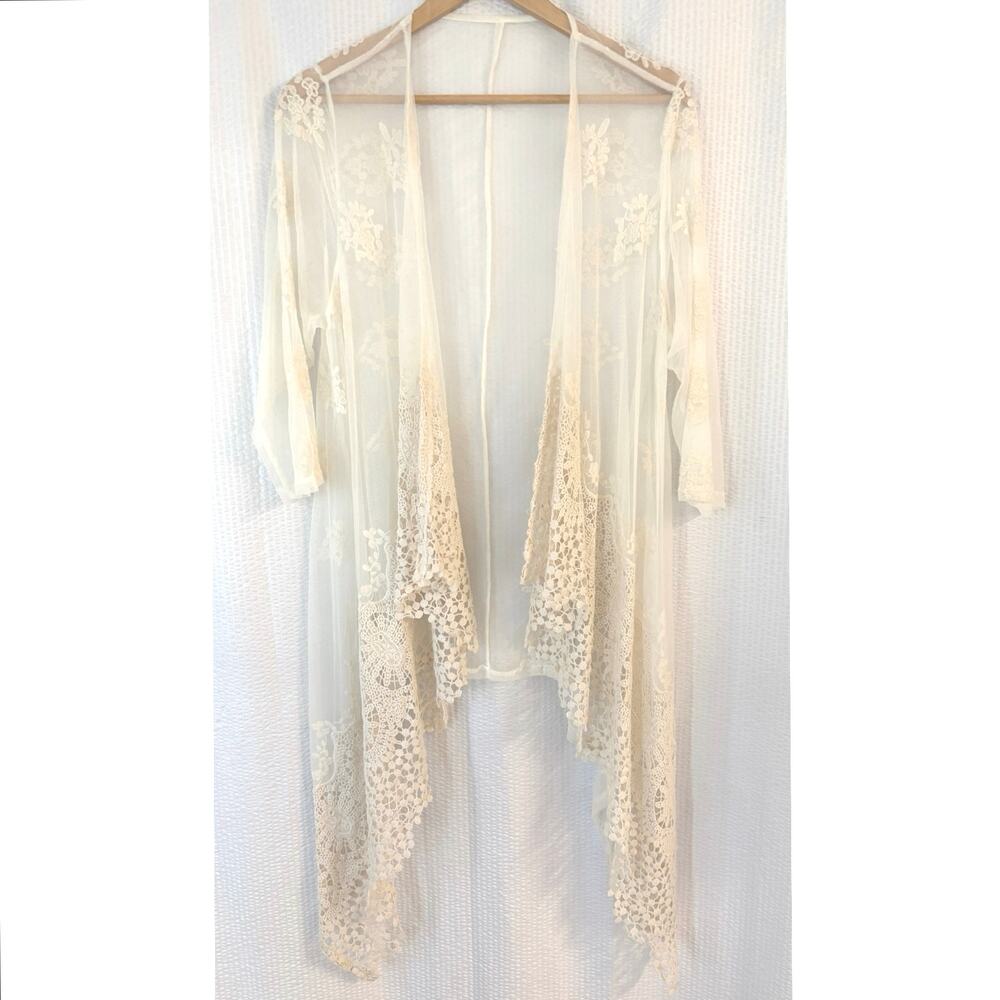 Vintage Fairycore Sheer Lace Kimono Duster Ivory Boho Cottagecore Festival Layer